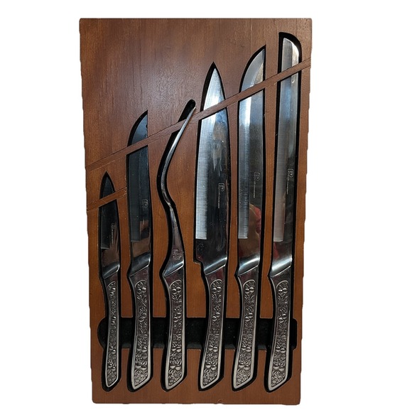 VTG Pageant Harvest Stainless Steel Carving Set Wood Wall Mount Knives LG Fork - Picture 1 of 12